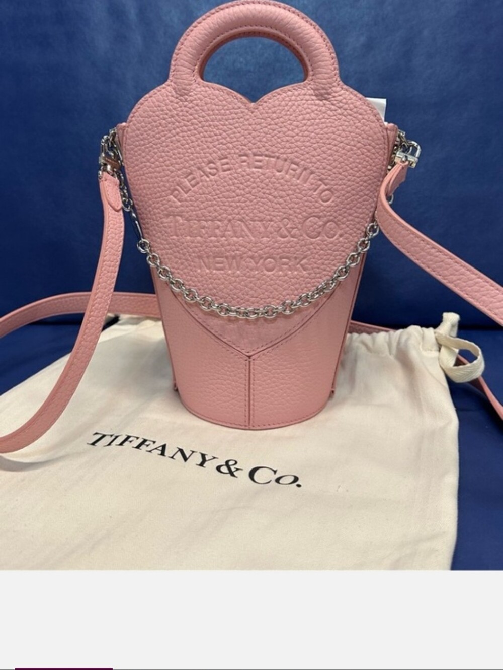 NEW - Tiffany & Co. Pebbled Pink Heart Crossbody with Chain